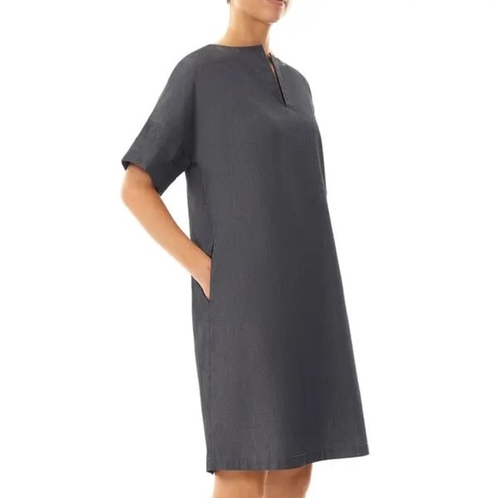 Ming Wang Gray Split Neck Cotton Shift Dress - image 1